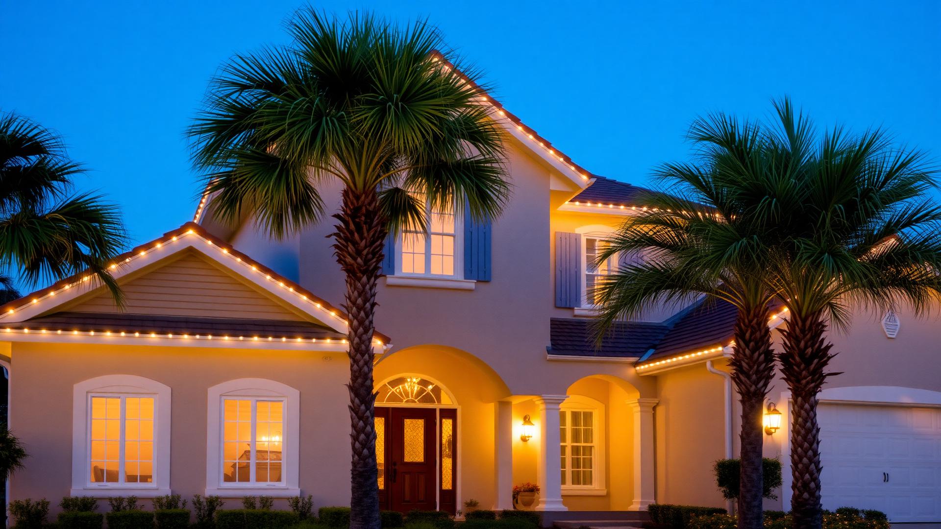 Professional Christmas light installation on a Gulf Coast home